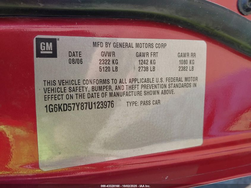 2007 Cadillac Dts Luxury Ii VIN: 1G6KD57Y87U123976 Lot: 43328168