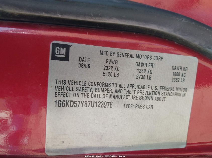 2007 Cadillac Dts Luxury Ii VIN: 1G6KD57Y87U123976 Lot: 43328168