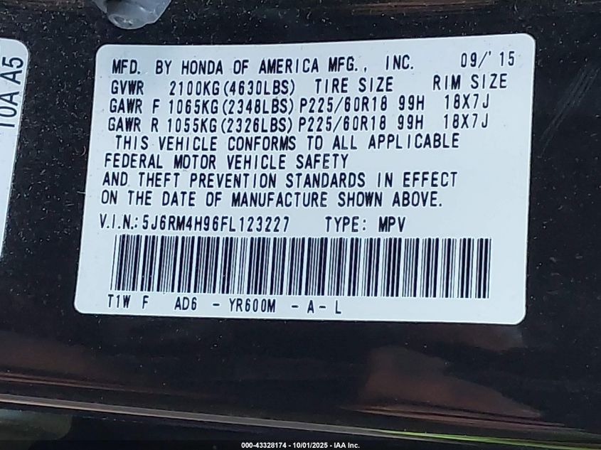 2015 Honda Cr-V Touring VIN: 5J6RM4H96FL123227 Lot: 43328174