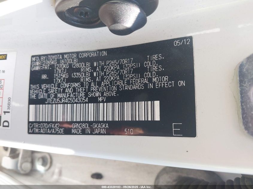 2012 Toyota 4Runner Sr5 VIN: JTEZU5JR4C5043054 Lot: 43328183