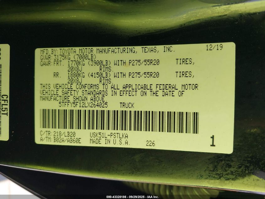 2020 Toyota Tundra Limited VIN: 5TFFY5F12LX264025 Lot: 43328186