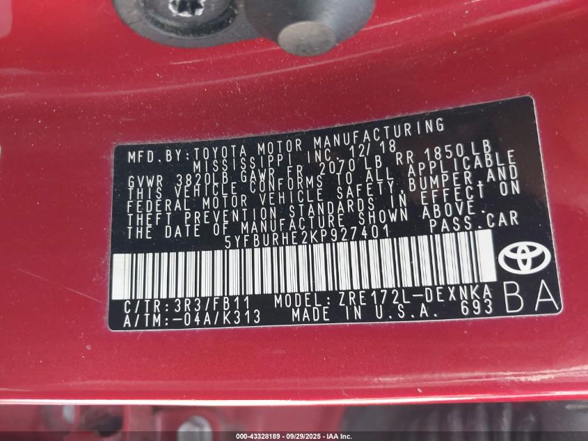 2019 Toyota Corolla Le VIN: 5YFBURHE2KP927401 Lot: 43328189