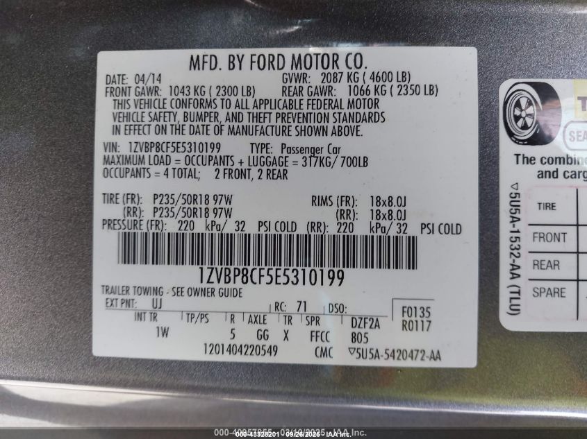 2014 Ford Mustang Gt VIN: 1ZVBP8CF5E5310199 Lot: 43328201