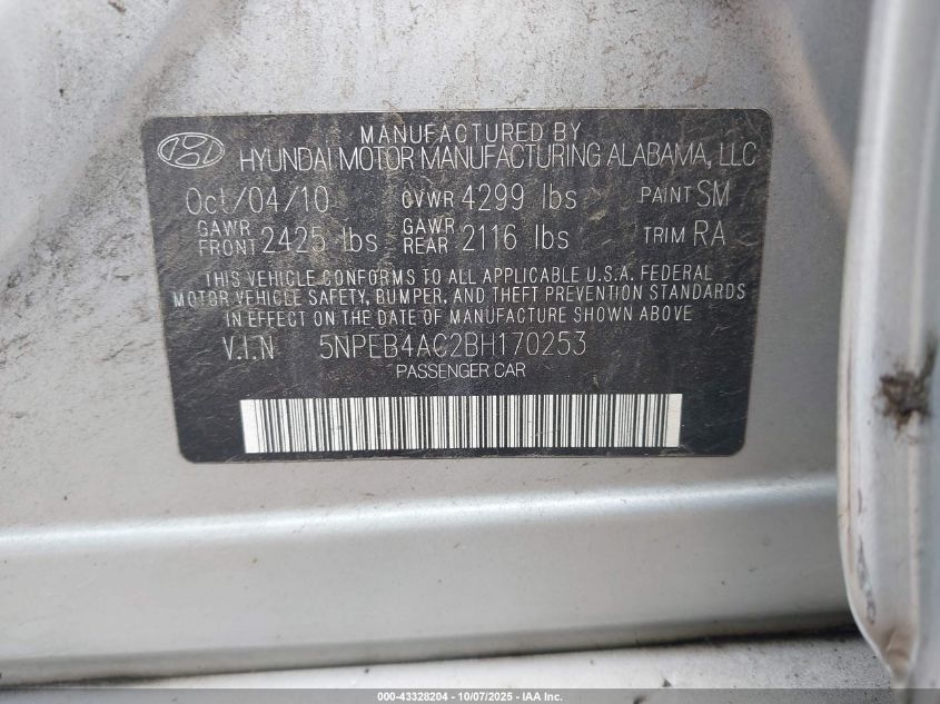 2011 Hyundai Sonata Gls VIN: 5NPEB4AC2BH170253 Lot: 43328204