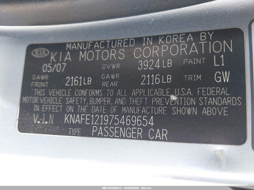 2007 Kia Spectra Ex VIN: KNAFE121975469654 Lot: 43328213
