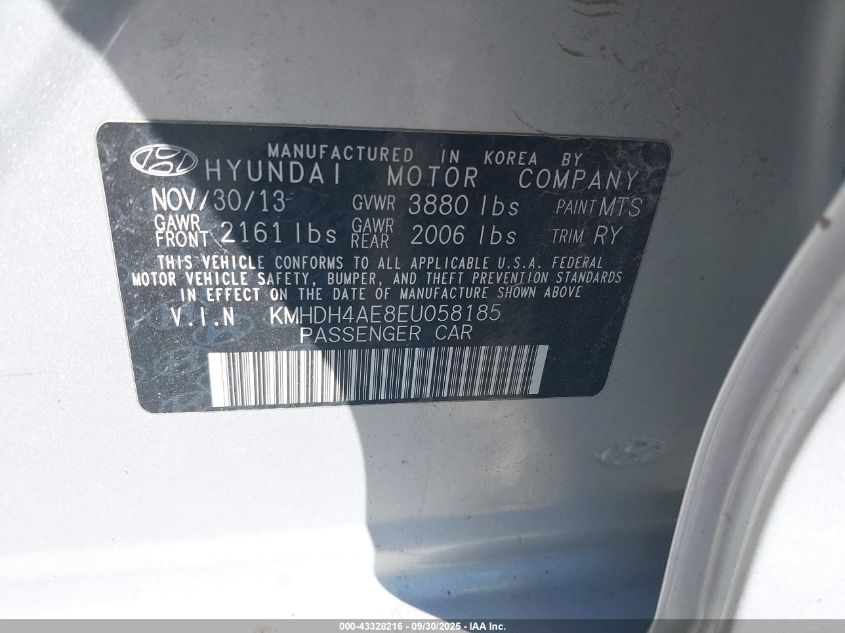 2014 Hyundai Elantra Limited VIN: KMHDH4AE8EU058185 Lot: 43328216