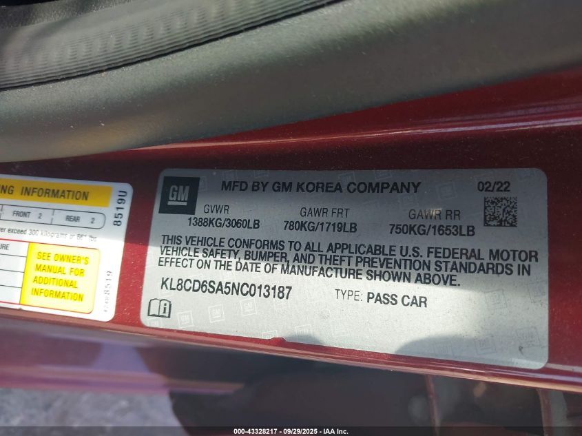 2022 Chevrolet Spark Fwd 1Lt Automatic VIN: KL8CD6SA5NC013187 Lot: 43328217