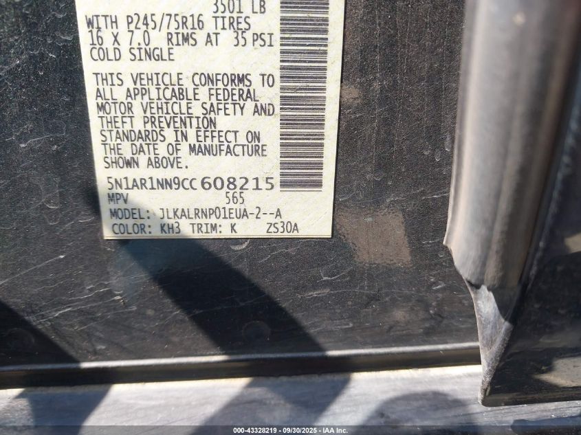 2012 Nissan Pathfinder S VIN: 5N1AR1NN9CC608215 Lot: 43328219