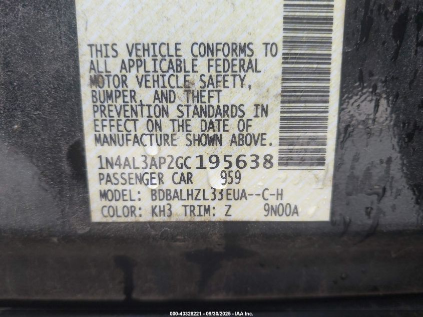 2016 Nissan Altima 2.5 Sr VIN: 1N4AL3AP2GC195638 Lot: 43328221