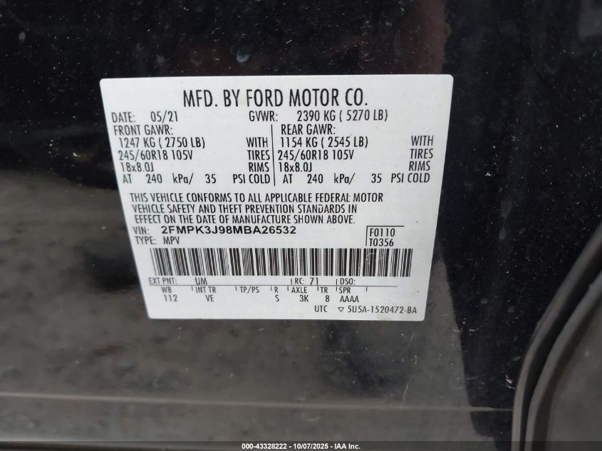2021 Ford Edge Sel VIN: 2FMPK3J98MBA26532 Lot: 43328222