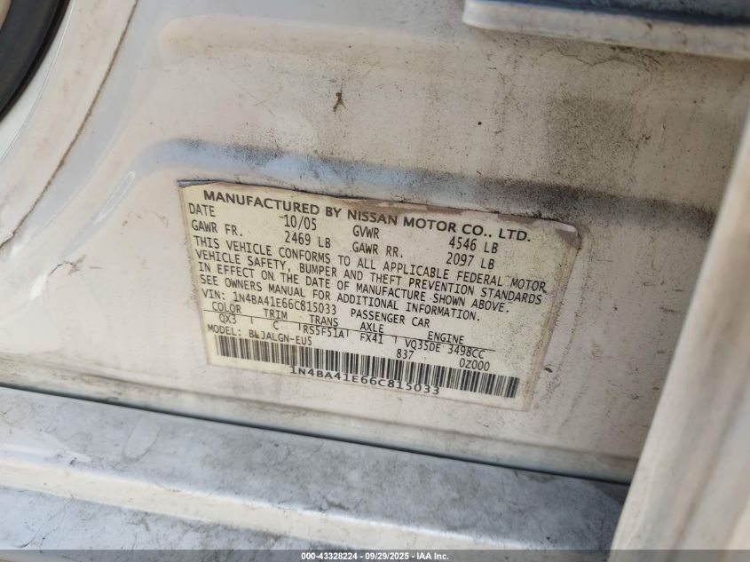 2006 Nissan Maxima 3.5 Sl VIN: 1N4BA41E66C815033 Lot: 43328224