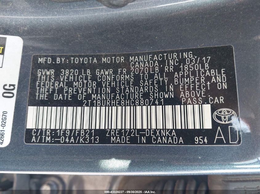 2017 Toyota Corolla Le VIN: 2T1BURHE8HC880741 Lot: 43328227