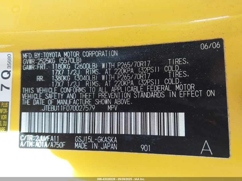 2007 Toyota Fj Cruiser VIN: JTEBU11F070027579 Lot: 43328226