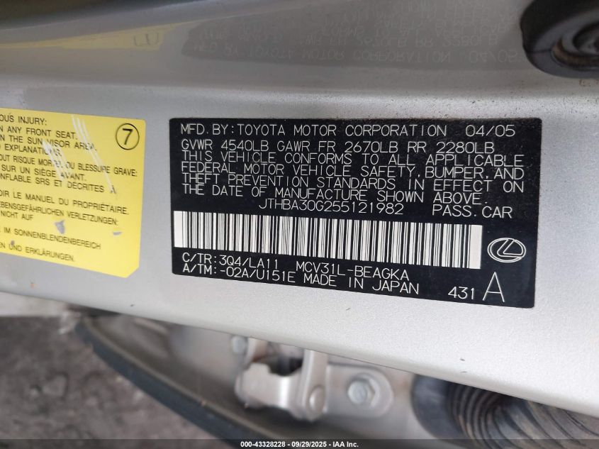 2005 Lexus Es 330 VIN: JTHBA30G255121982 Lot: 43328228