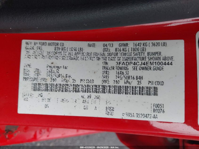 2014 Ford Fiesta Titanium VIN: 3FADP4CJ4EM100444 Lot: 43328229