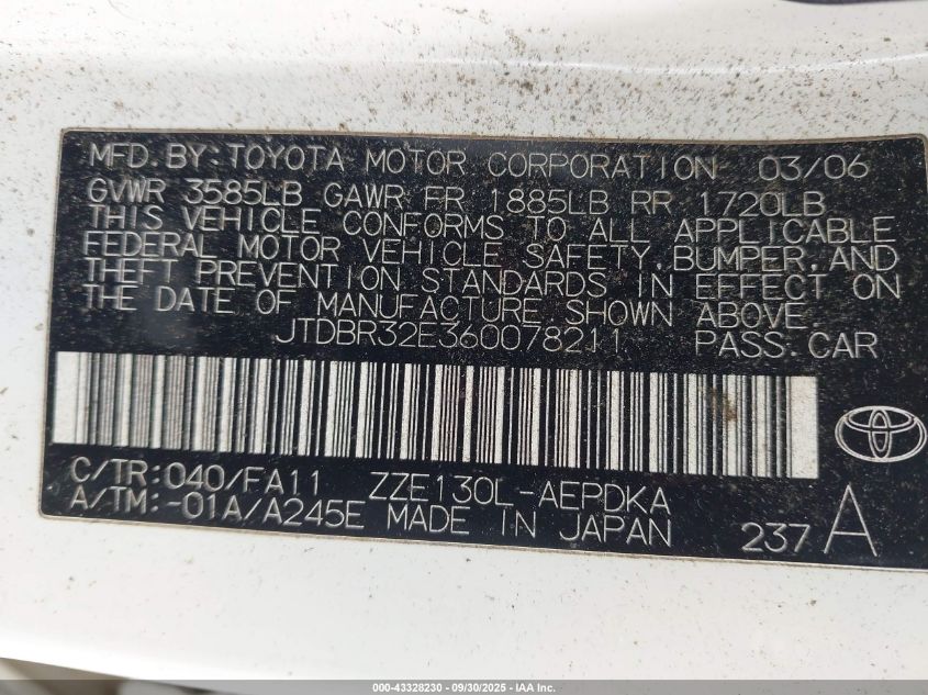 2006 Toyota Corolla Ce VIN: JTDBR32E360078211 Lot: 43328230