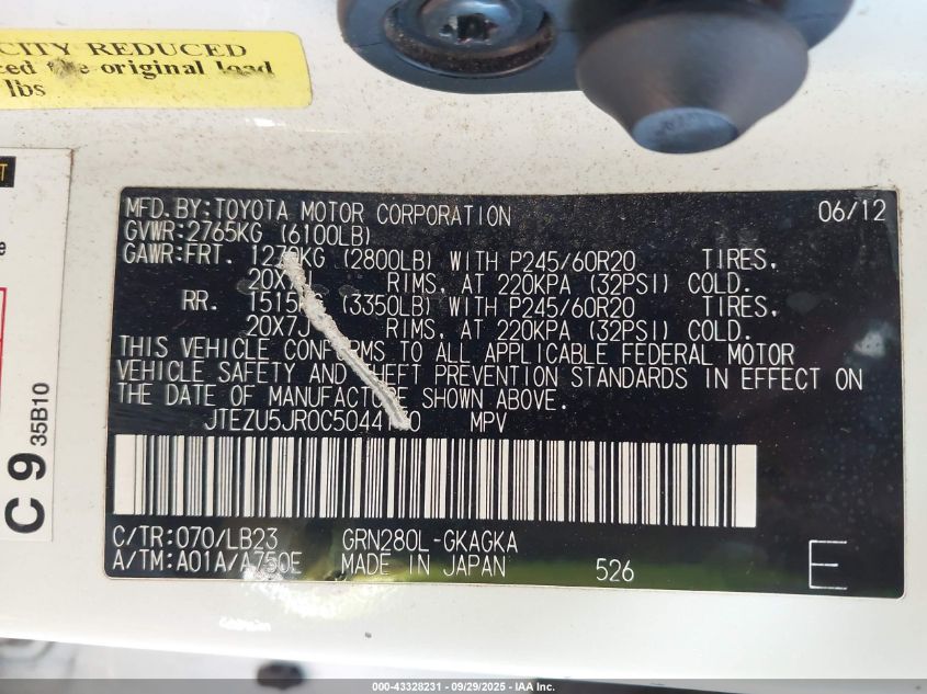 2012 Toyota 4Runner Limited VIN: JTEZU5JR0C5044170 Lot: 43328231