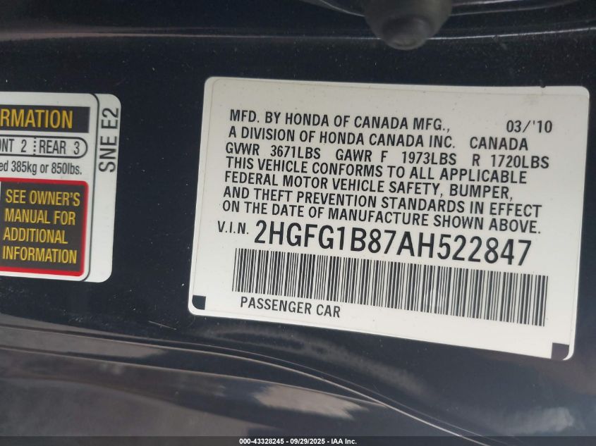 2010 Honda Civic Ex VIN: 2HGFG1B87AH522847 Lot: 43328245