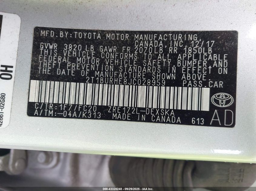 2018 Toyota Corolla Se VIN: 2T1BURHE8JC028959 Lot: 43328248