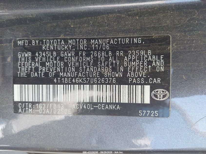 2007 Toyota Camry Le VIN: 4T1BE46K57U626376 Lot: 43328250