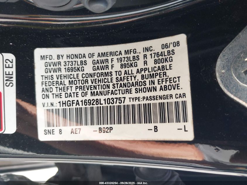 2008 Honda Civic Ex-L VIN: 1HGFA16928L103757 Lot: 43328254