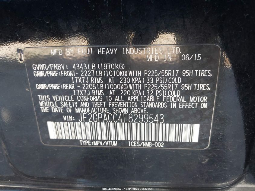 2015 Subaru Xv Crosstrek 2.0I Premium VIN: JF2GPACC4F8299543 Lot: 43328257