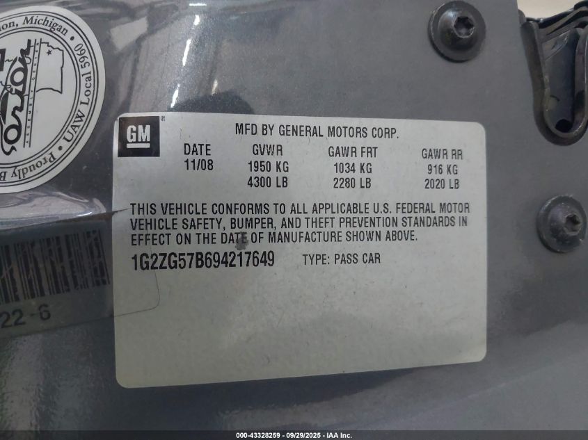 2009 Pontiac G6 VIN: 1G2ZG57B694217649 Lot: 43328259