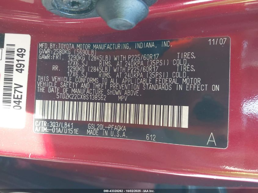 2008 Toyota Sienna Xle VIN: 5TDZK22CX8S138562 Lot: 43328262