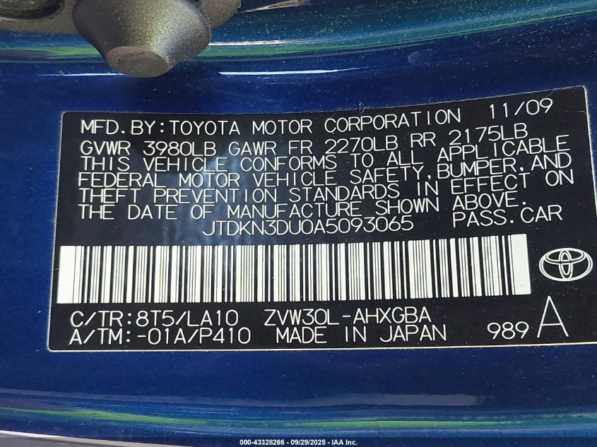 2010 Toyota Prius Iv VIN: JTDKN3DU0A5093065 Lot: 43328266