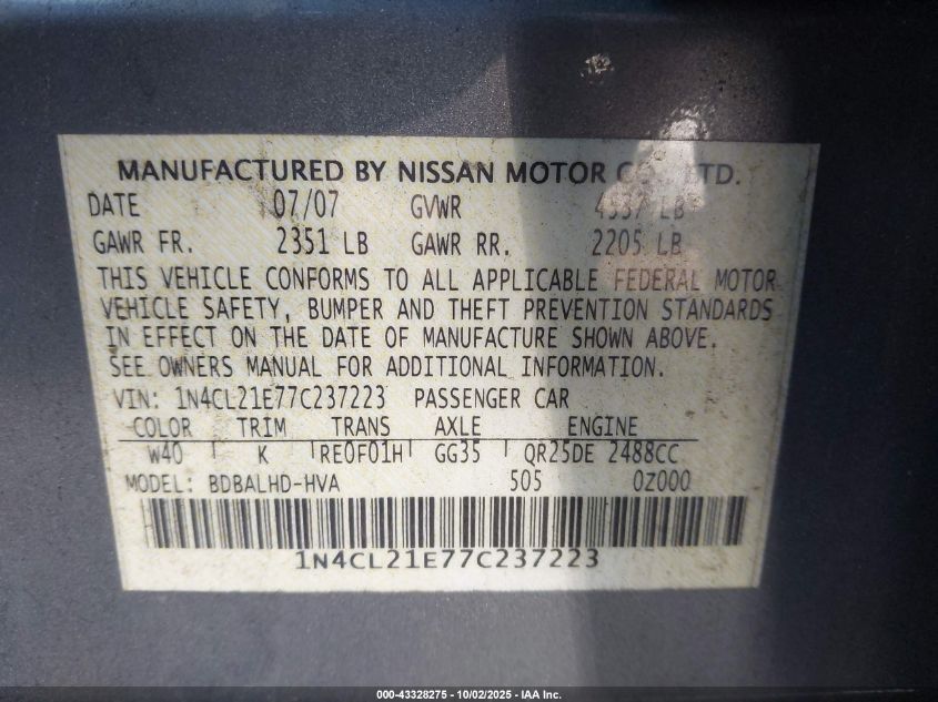 2007 Nissan Altima Hybrid VIN: 1N4CL21E77C237223 Lot: 43328275