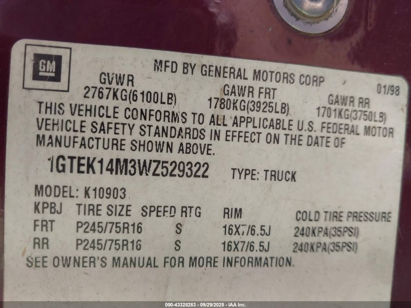1998 GMC Sierra 1500 Sl Wideside VIN: 1GTEK14M3WZ529322 Lot: 43328283