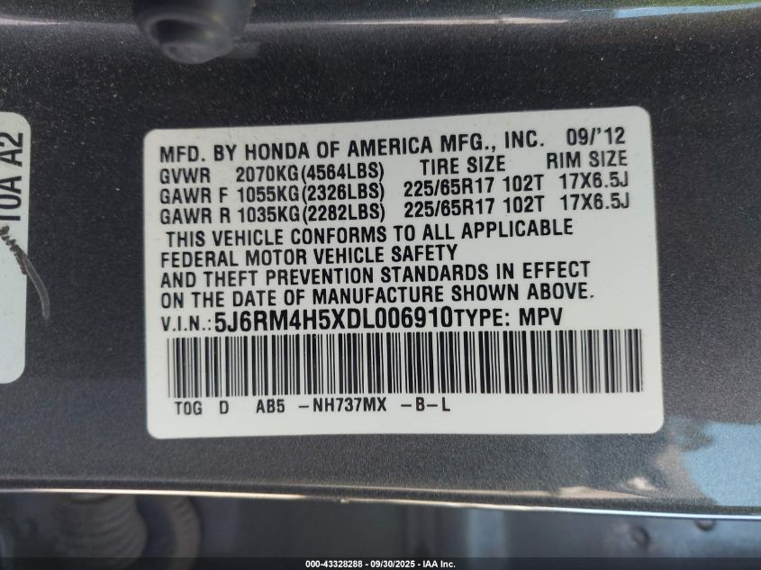 2013 Honda Cr-V Ex VIN: 5J6RM4H5XDL006910 Lot: 43328288