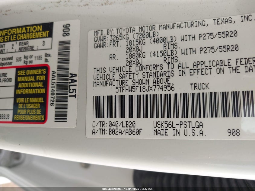 2018 TOYOTA TUNDRA LIMITED 5.7L V8 - 5TFHW5F18JX774956