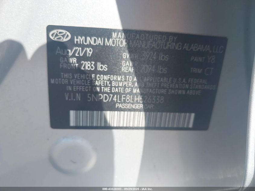 2020 Hyundai Elantra Se VIN: 5NPD74LF8LH526338 Lot: 43328303