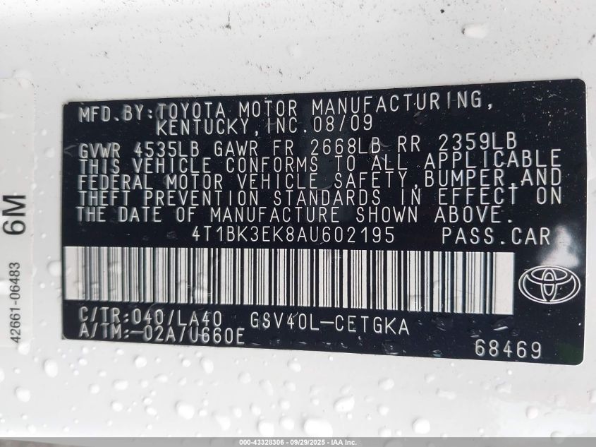 2010 Toyota Camry Xle V6 VIN: 4T1BK3EK8AU602195 Lot: 43328306