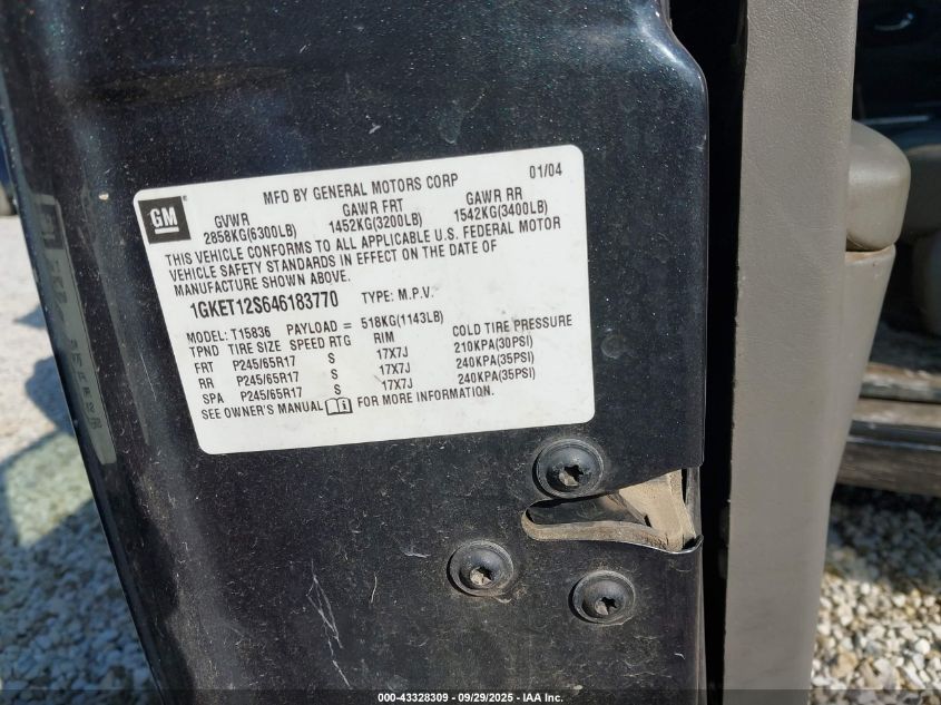 2004 GMC Envoy Xuv Sle VIN: 1GKET12S646183770 Lot: 43328309