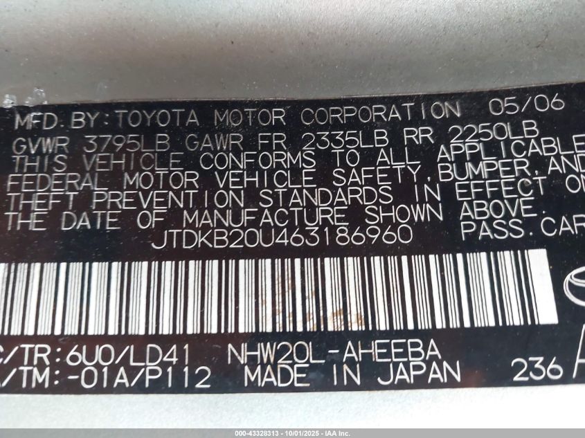 2006 Toyota Prius VIN: JTDKB20U463186960 Lot: 43328313