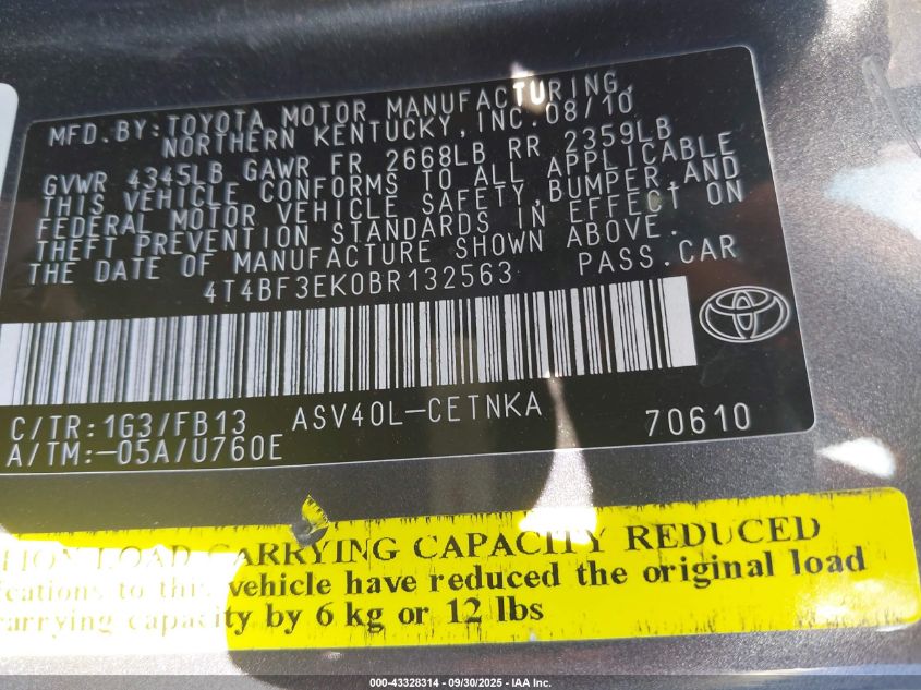 2011 Toyota Camry Le VIN: 4T4BF3EK0BR132563 Lot: 43328314