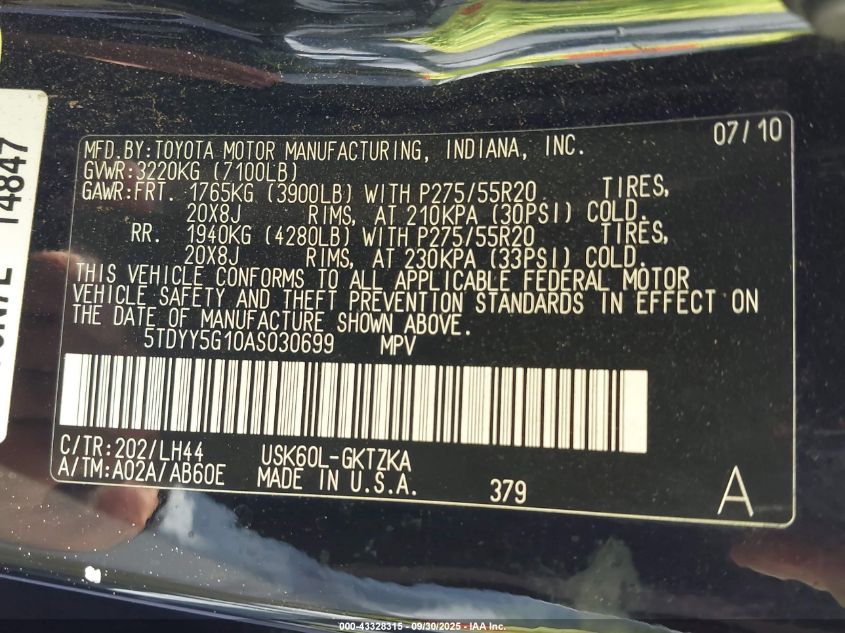 2010 Toyota Sequoia Platinum 5.7L V8 VIN: 5TDYY5G10AS030699 Lot: 43328315