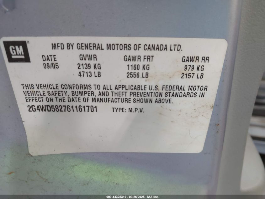 2006 Buick Lacrosse Cxl VIN: 2G4WD582761161701 Lot: 43328319