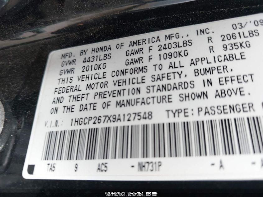 2009 Honda Accord 2.4 Ex VIN: 1HGCP267X9A127548 Lot: 43328321