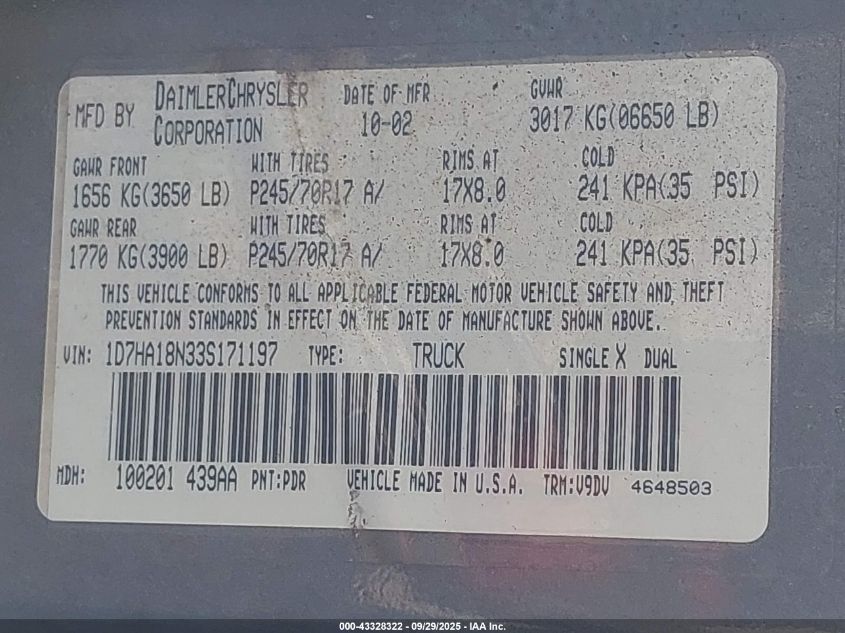 2003 Dodge Ram 1500 Slt/Laramie/St VIN: 1D7HA18N33S171197 Lot: 43328322