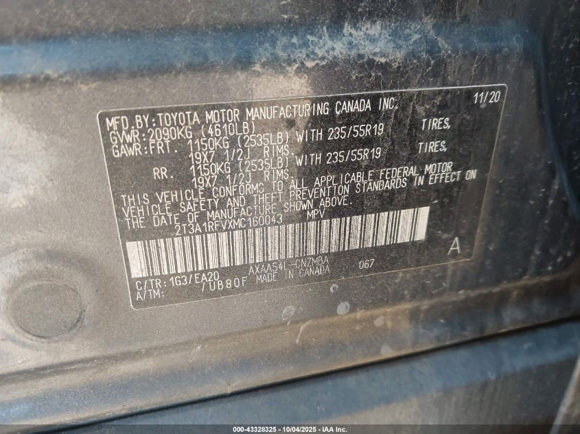 2021 Toyota Rav4 Xle Premium VIN: 2T3A1RFVXMC160043 Lot: 43328325