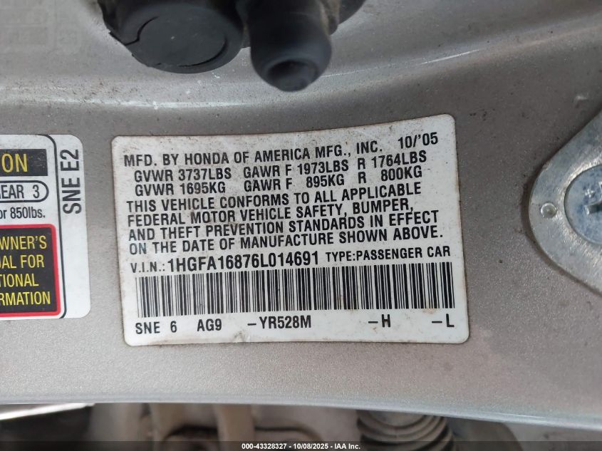 2006 Honda Civic Ex VIN: 1HGFA16876L014691 Lot: 43328327