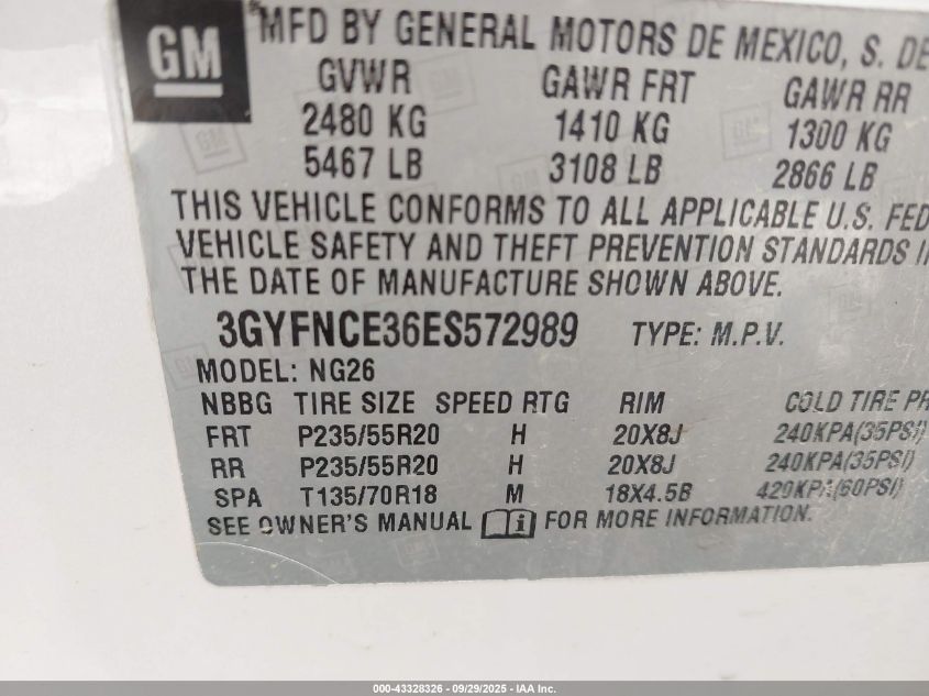 2014 Cadillac Srx Performance Collection VIN: 3GYFNCE36ES572989 Lot: 43328326