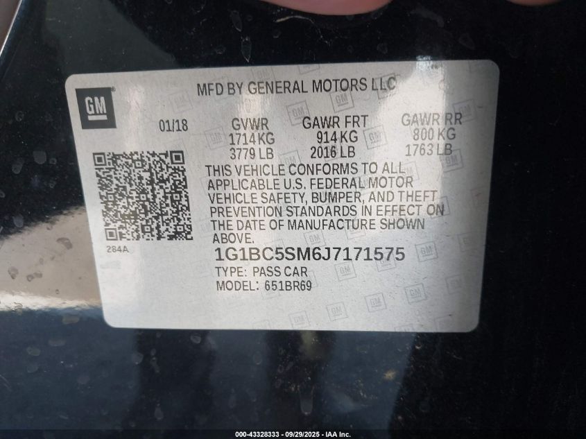 2018 Chevrolet Cruze Ls Auto VIN: 1G1BC5SM6J7171575 Lot: 43328333