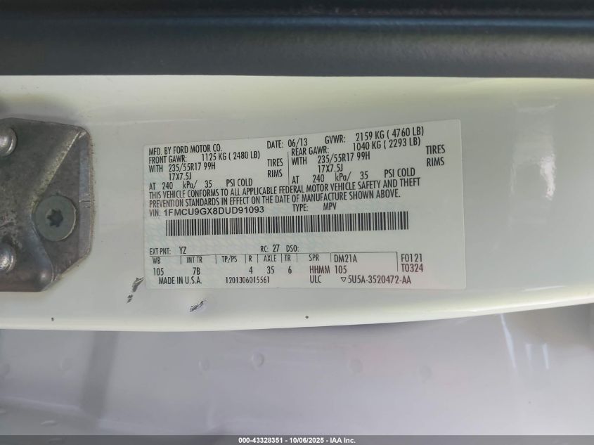 2013 Ford Escape Se VIN: 1FMCU9GX8DUD91093 Lot: 43328351