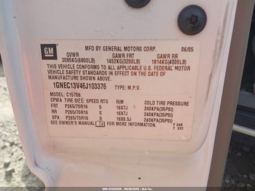 2006 Chevrolet Tahoe Ls VIN: 1GNEC13V46J103376 Lot: 43328355