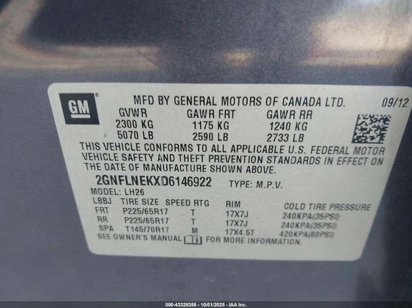 2013 Chevrolet Equinox 2Lt VIN: 2GNFLNEKXD6146922 Lot: 43328356