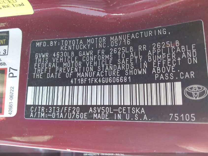 2016 Toyota Camry Se VIN: 4T1BF1FK4GU606681 Lot: 43328376